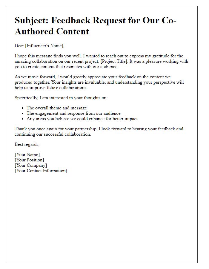 Letter template of feedback request for influencer co-authored content