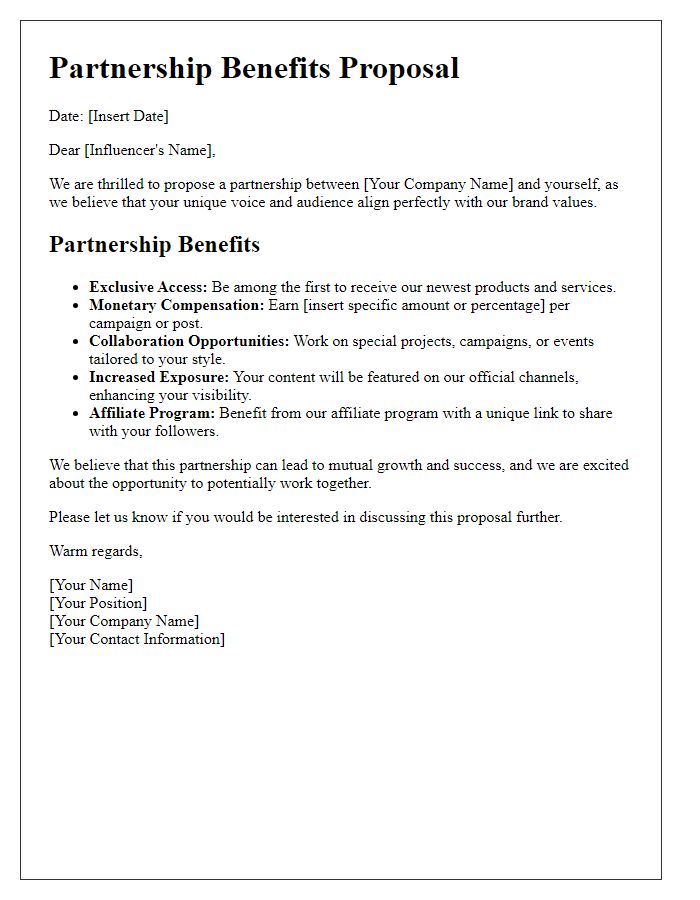 Letter template of partnership benefits for influencers in writing