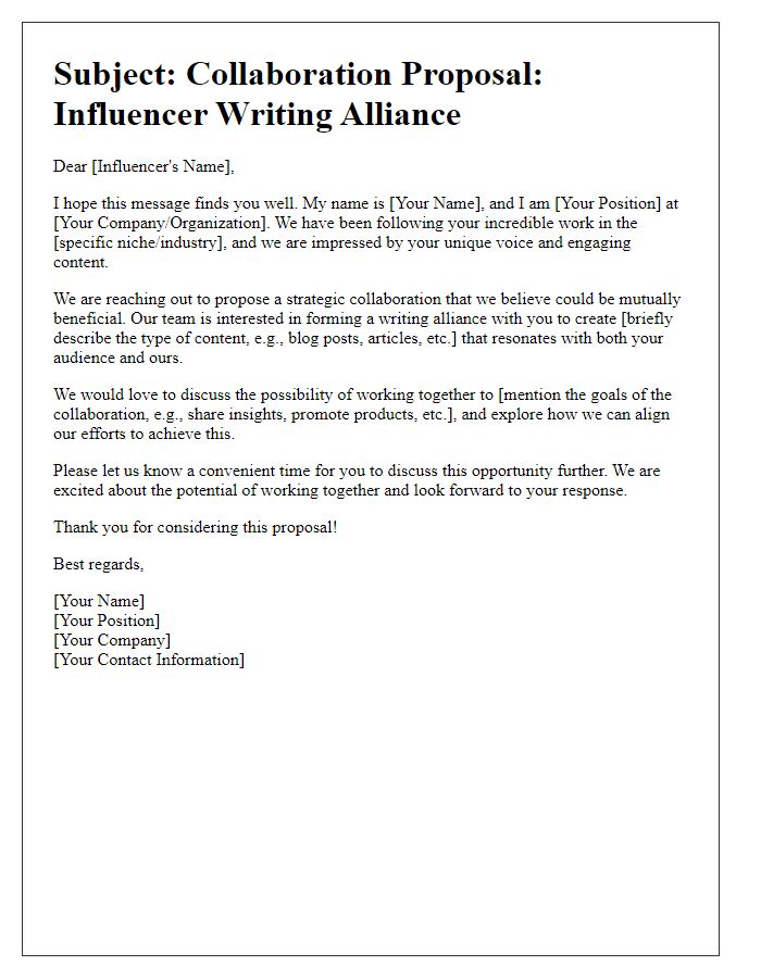 Letter template of pitch for influencer writing alliance