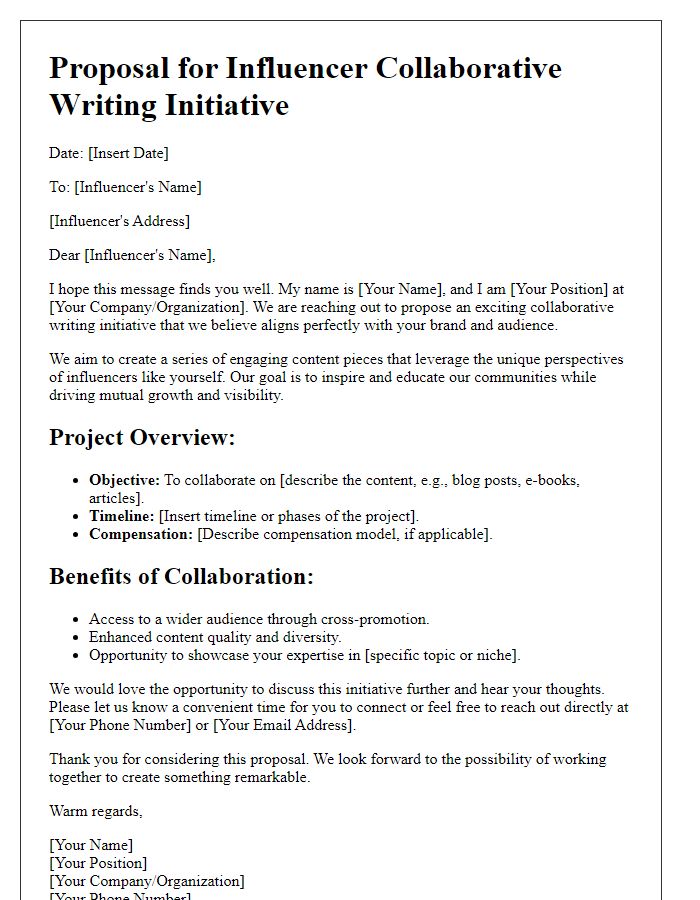 Letter template of proposal for influencer collaborative writing initiative