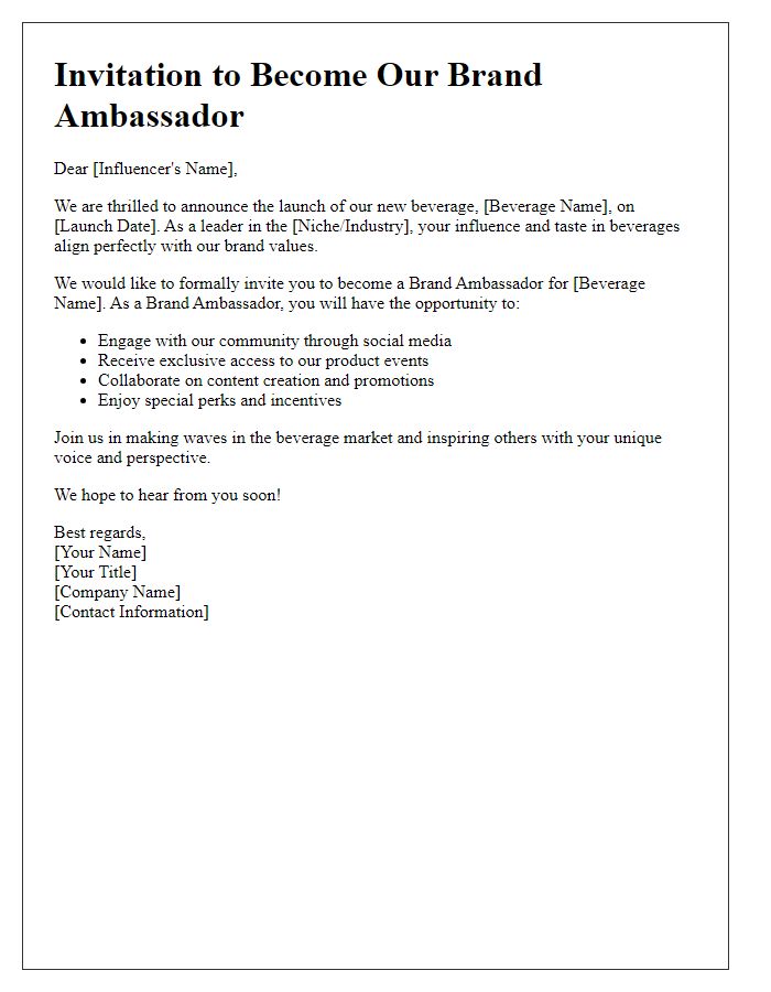 Letter template of influencer brand ambassador invitation for beverage launch