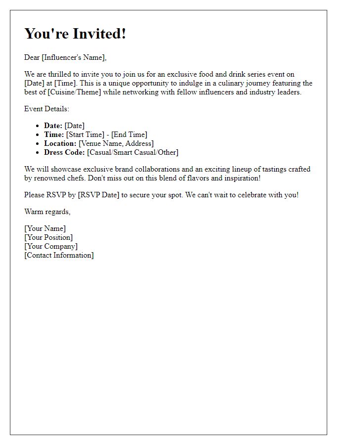 Letter template of influencer event hosting invitation for food and drink series