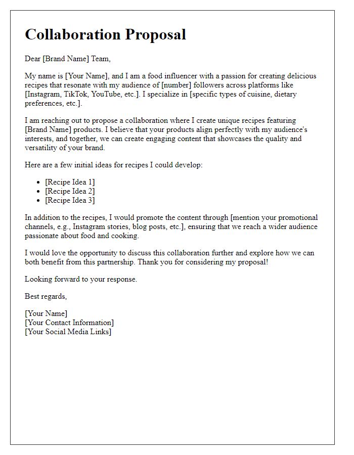 Letter template of influencer recipe creation collaboration for food brand