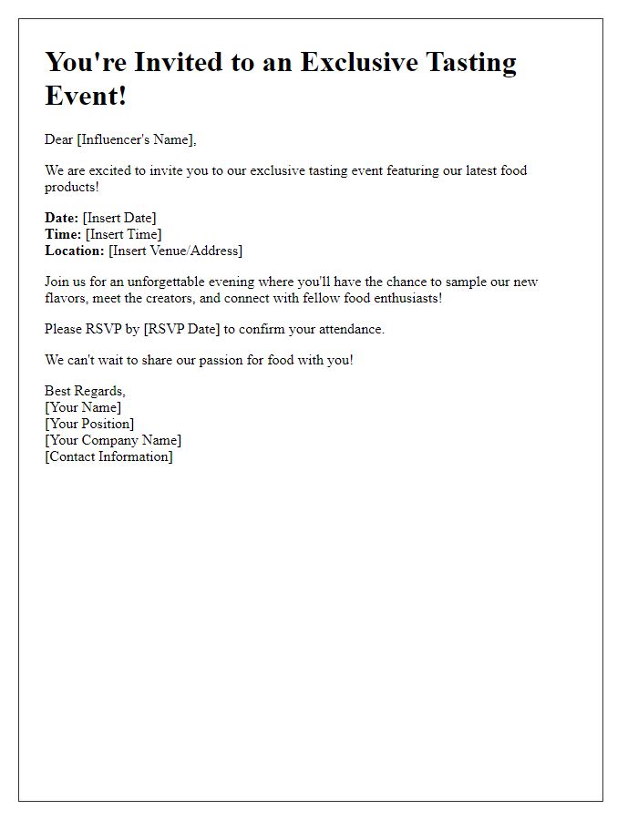 Letter template of influencer tasting event invitation for food products