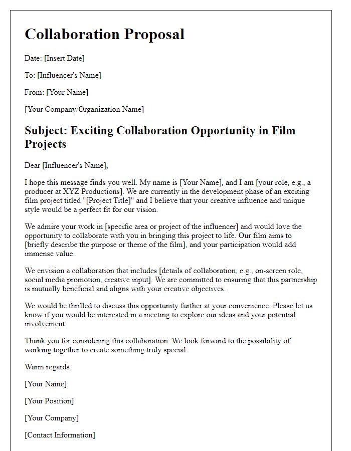 Letter template of Creative Collaboration Offer for Influencers in Film Projects