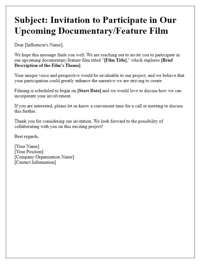 Letter template of Influencer Participation Invitation for Documentary or Feature Film