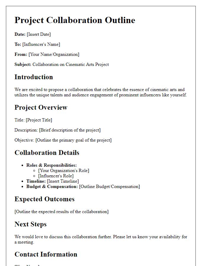 Letter template of Project Collaboration Outline for Influencers in Cinematic Arts