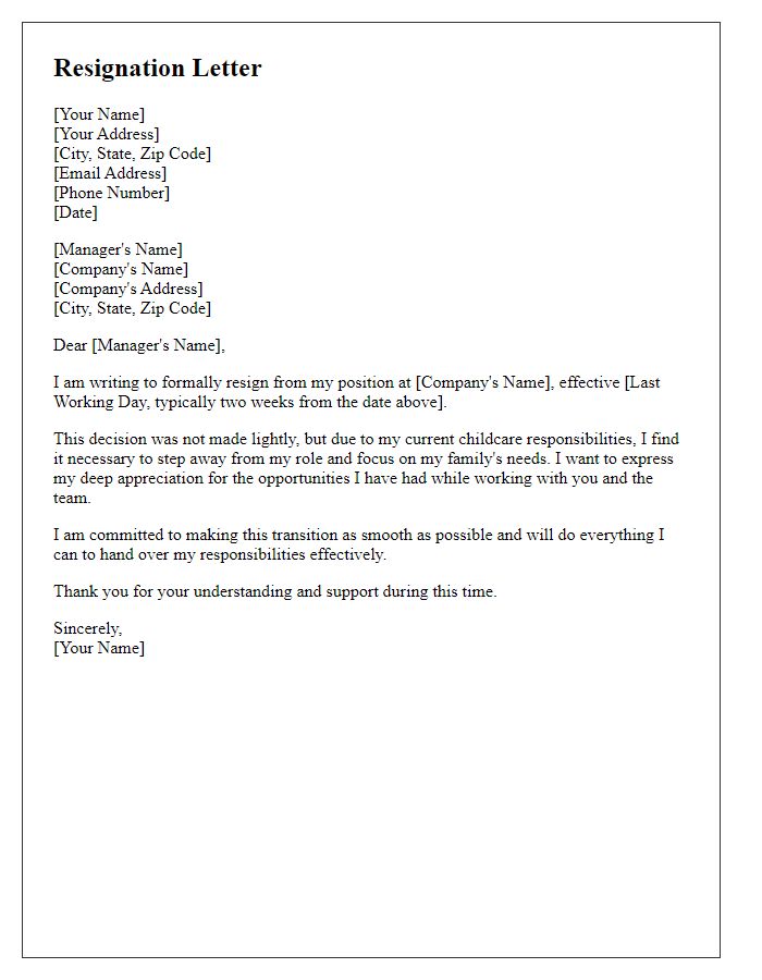 Letter template of resignation due to childcare responsibilities.