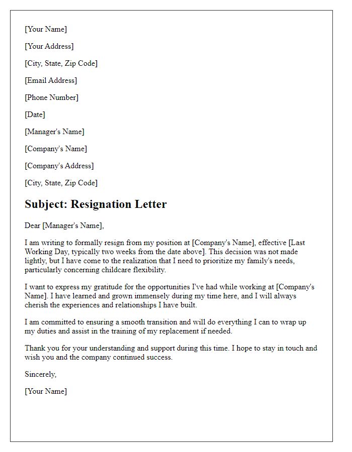 Letter template of resignation due to the need for childcare flexibility.