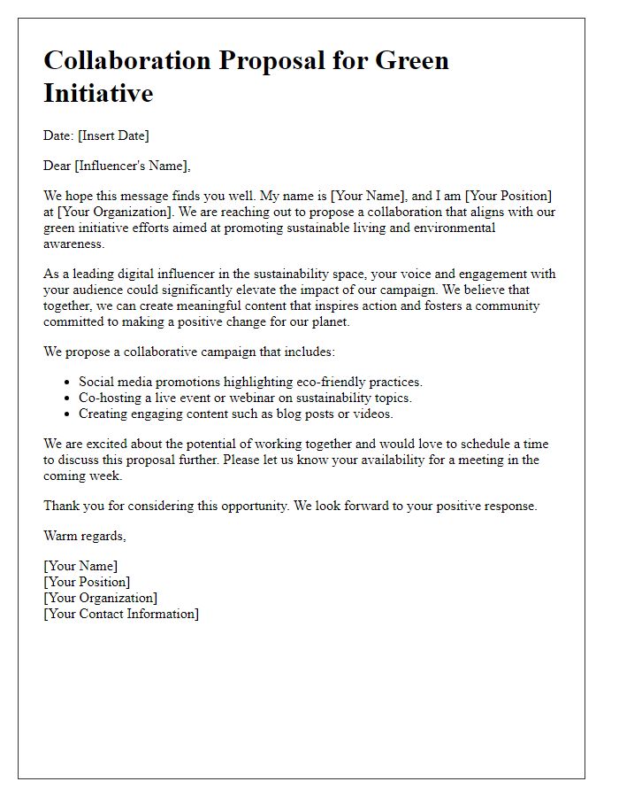 Letter template of green initiative collaboration proposal for digital influencers.