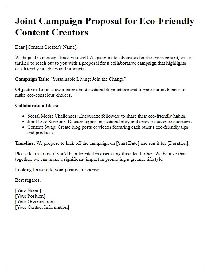 Letter template of joint campaign suggestion for eco-friendly content creators.