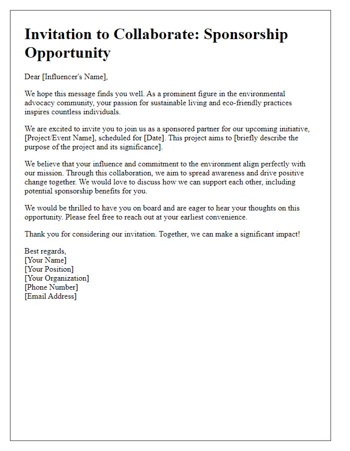 Letter template of sponsorship invitation for environmental influencers.