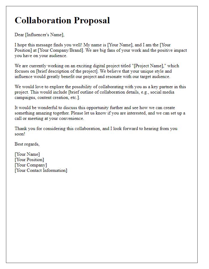 Letter template of a digital project collaboration request for influencers.