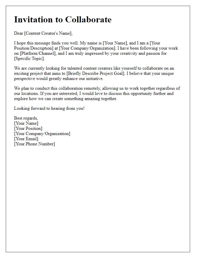 Letter template of a remote collaboration invitation for content creators.