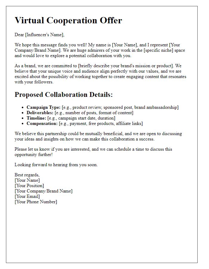 Letter template of a virtual cooperation offer for influencer marketing.