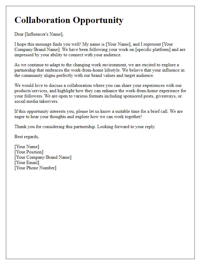 Letter template of a work-from-home partnership appeal to influencers.