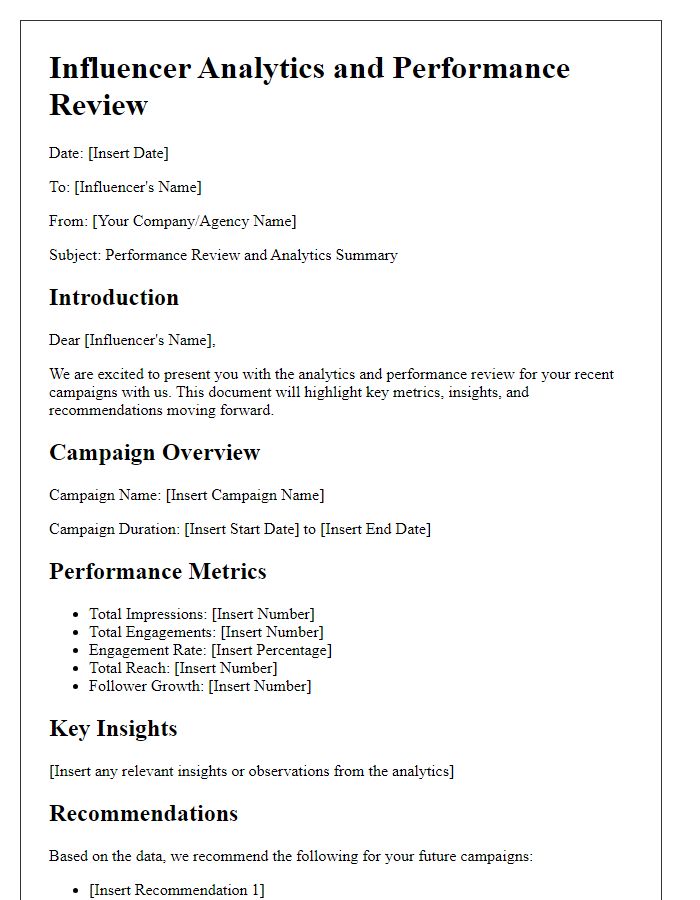 Letter template of influencer analytics and performance review