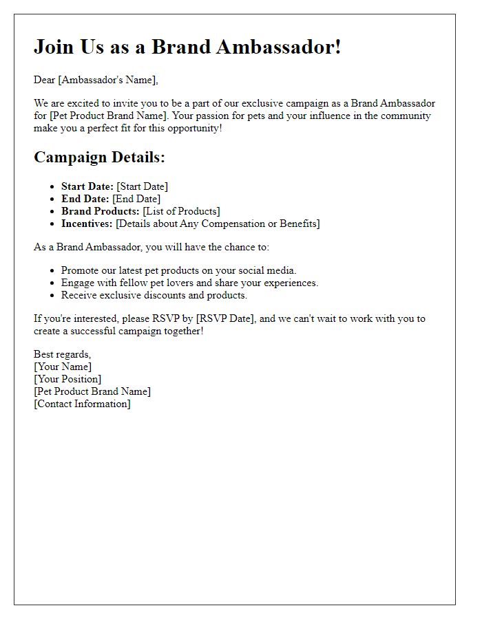 Letter template of campaign invitation for pet product brand ambassadors