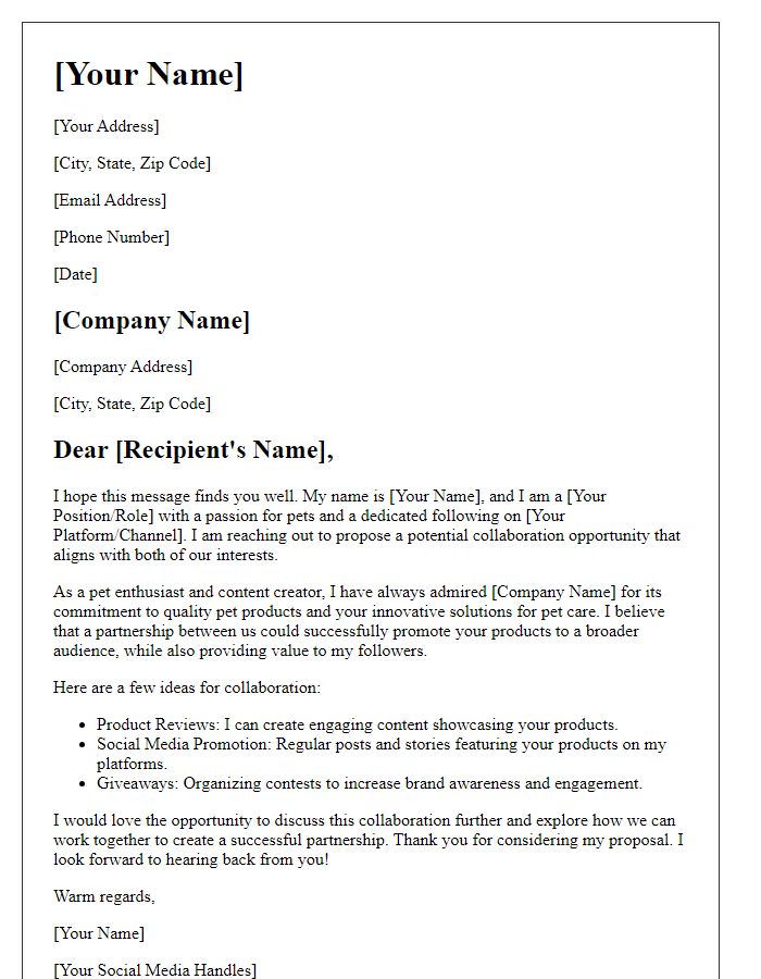 Letter template of collaboration request for pet product sponsorship