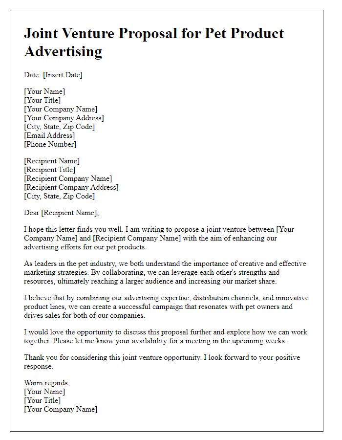 Letter template of joint venture proposal for pet product advertising