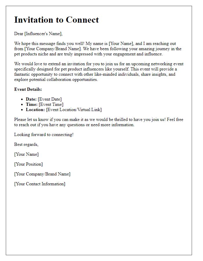 Letter template of networking invitation for pet product influencers