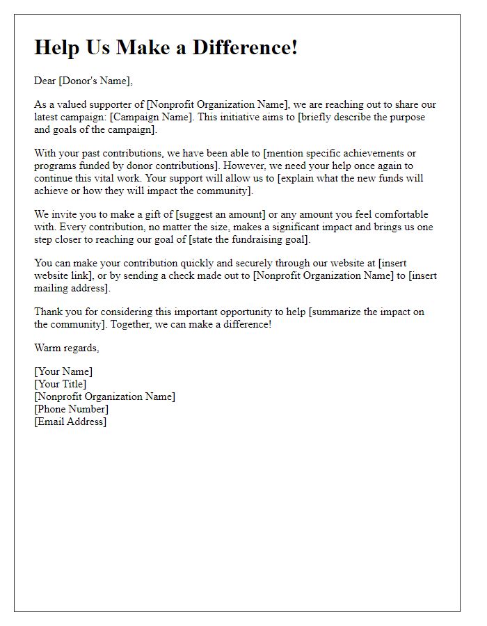 Letter template of contributions appeal for nonprofit campaign