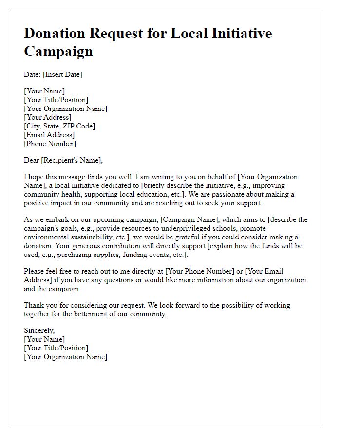 Letter template of donation request for local initiative campaign