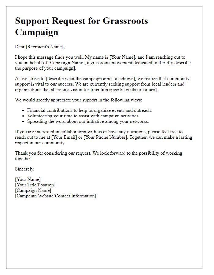 Letter template of grassroots campaign support request