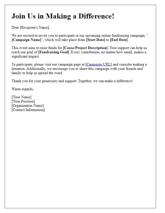 Letter template of online fundraising campaign invitation