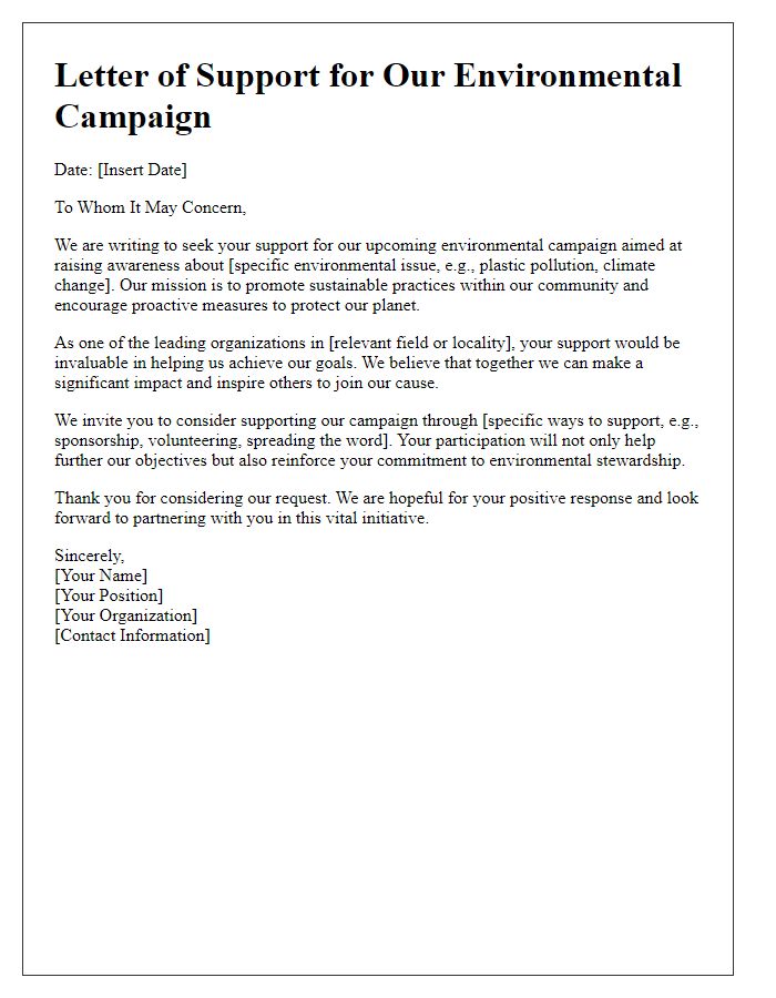 Letter template of support seeking for environmental campaign