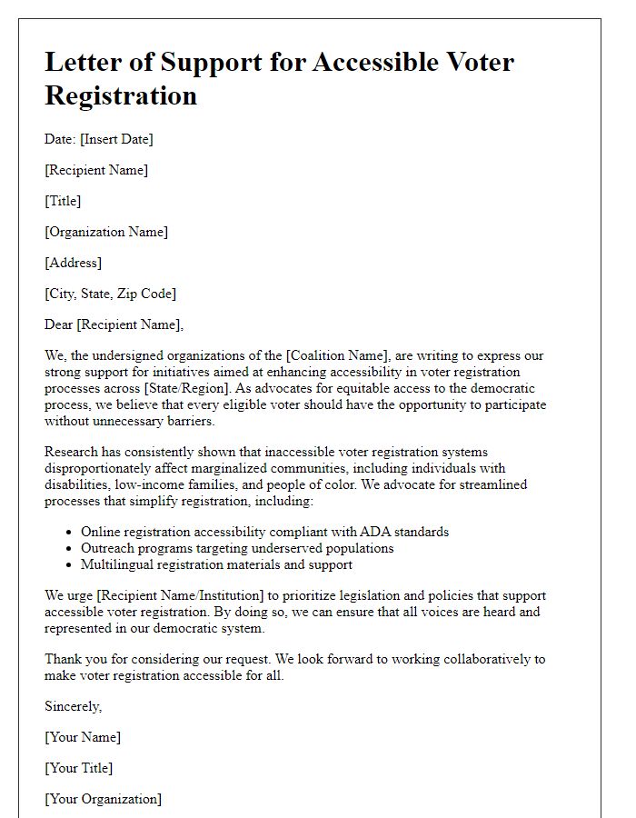 Letter template of a coalition advocating for accessible voter registration.