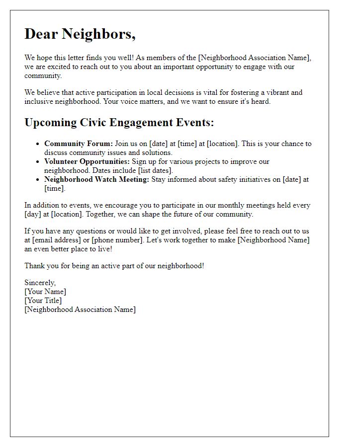 Letter template of a neighborhood association promoting civic engagement.