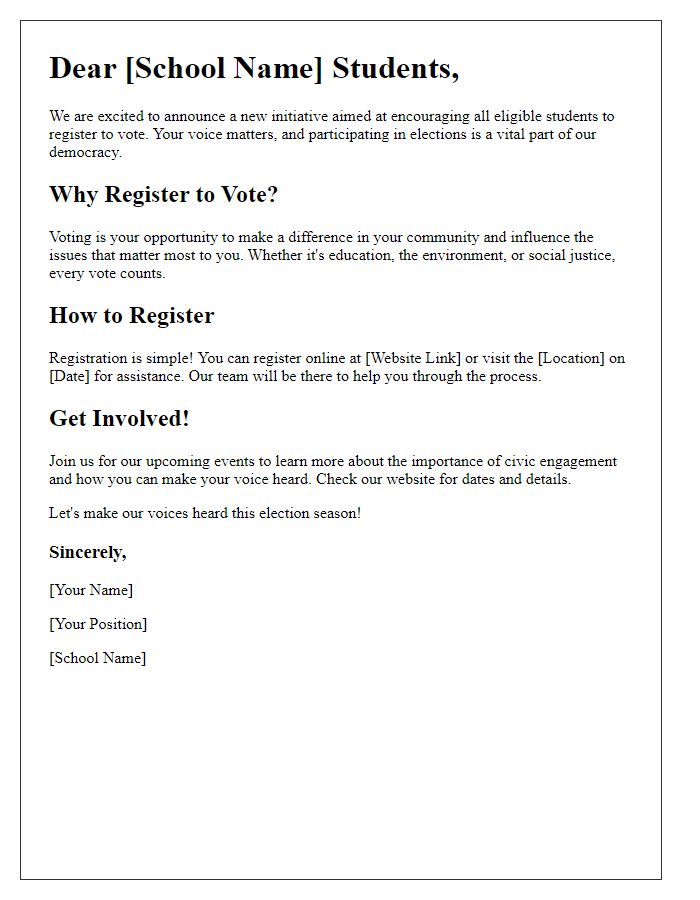 Letter template of a school initiative to encourage student voter registration.