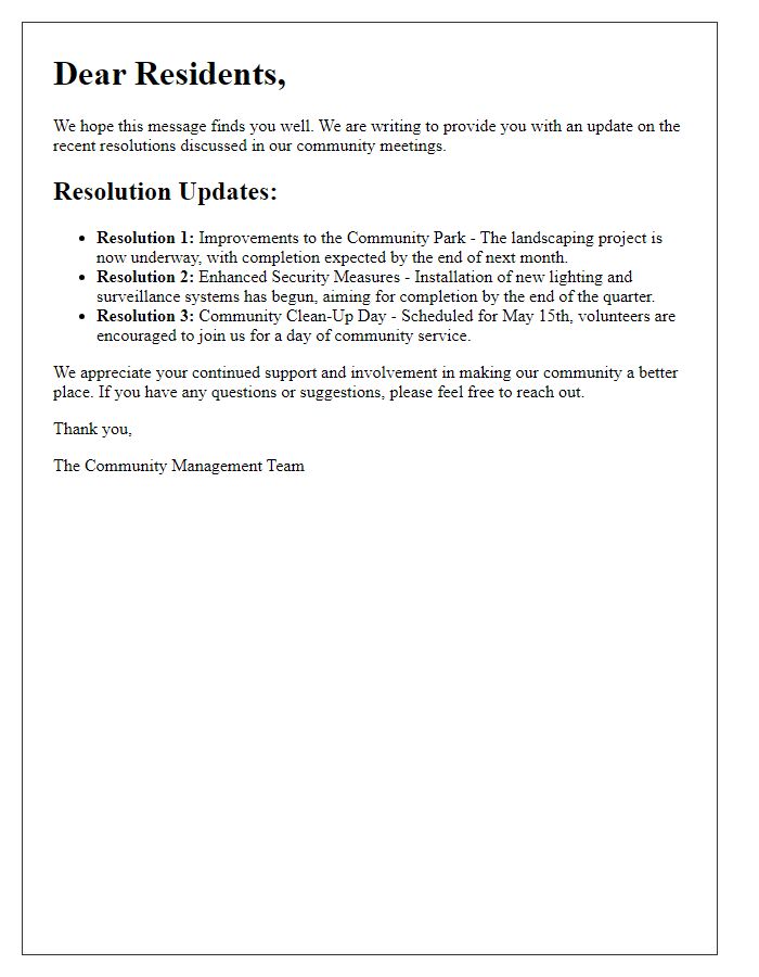 Letter template of resolution updates for residents