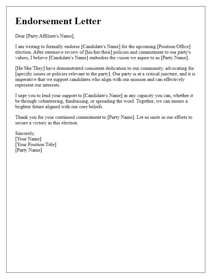 Letter template of political endorsement message for party affiliates