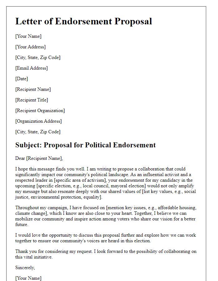 Letter template of political endorsement proposal for influential activists