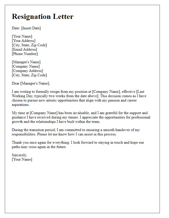 Letter template of resignation to embrace artistic opportunities.