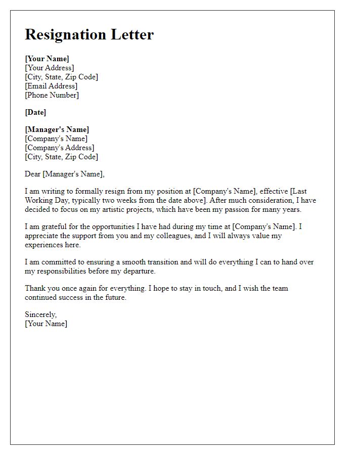 Letter template of resignation for focusing on artistic projects.