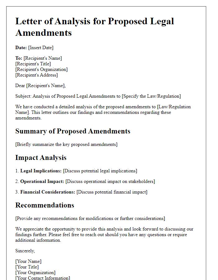 Letter template of analysis for proposed legal amendments