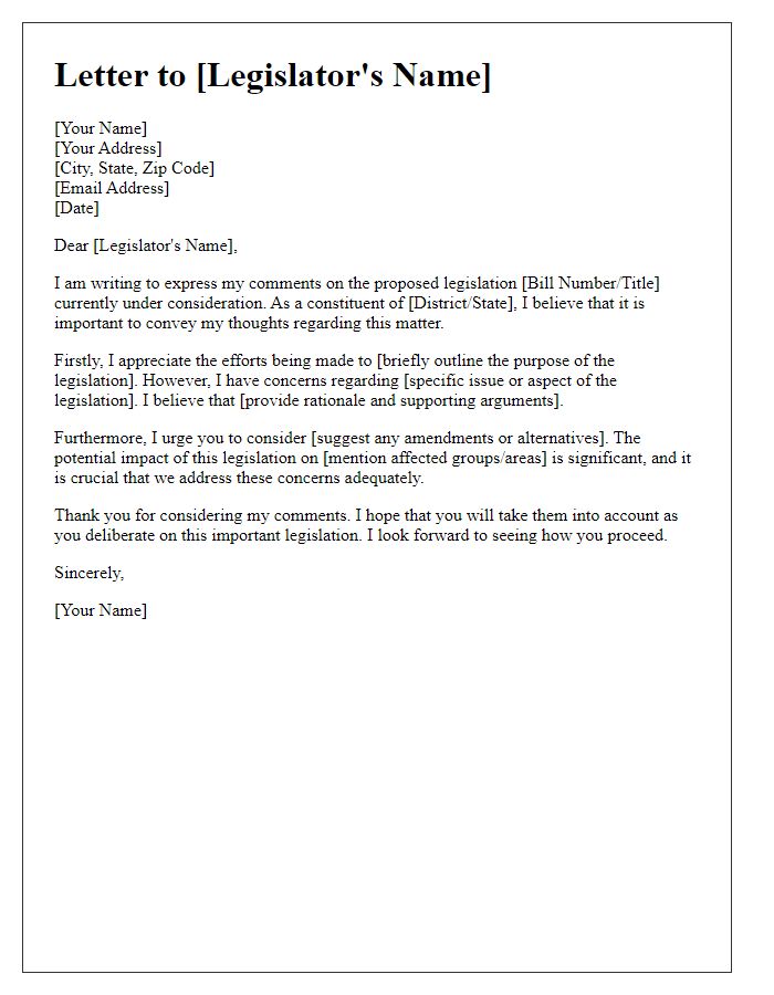 Letter template of comments on proposed legislation