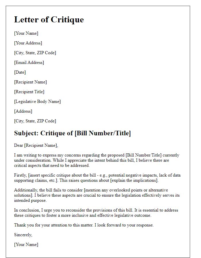 Letter template of critique on a legislative bill