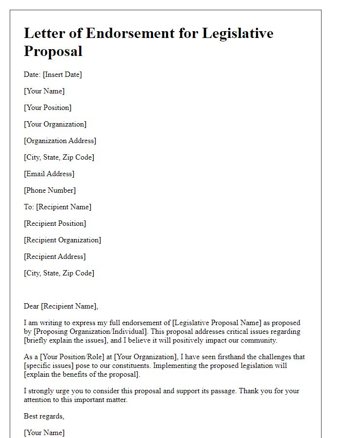 Letter template of endorsement for legislative proposal feedback