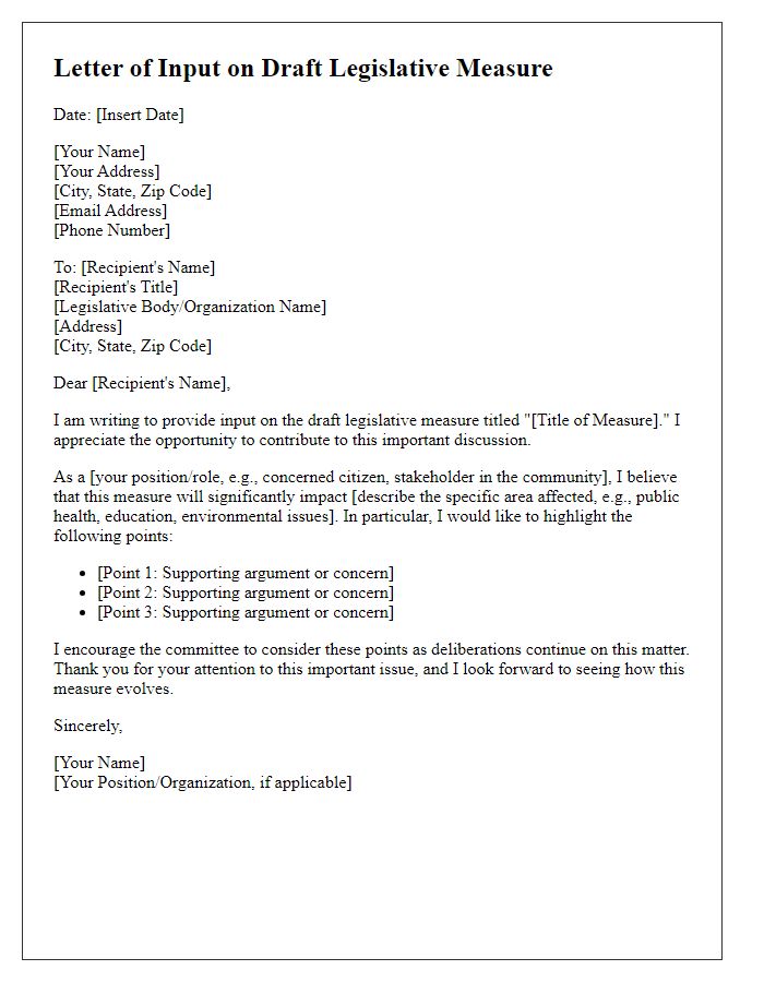 Letter template of input on draft legislative measure