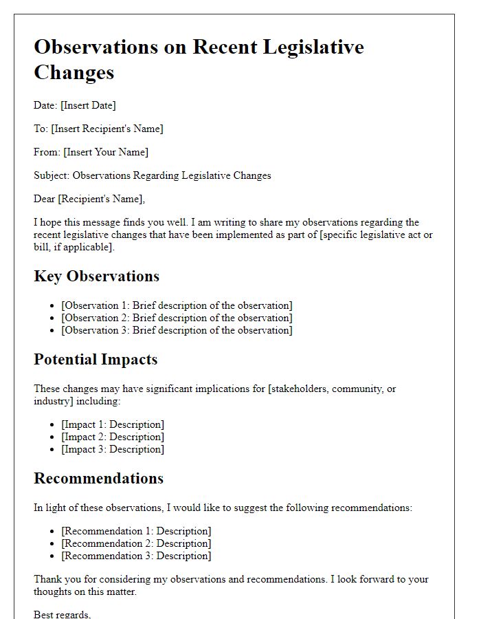 Letter template of observations regarding legislative changes