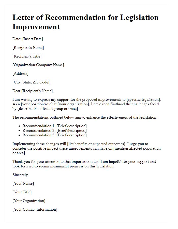 Letter template of recommendations for legislation improvement