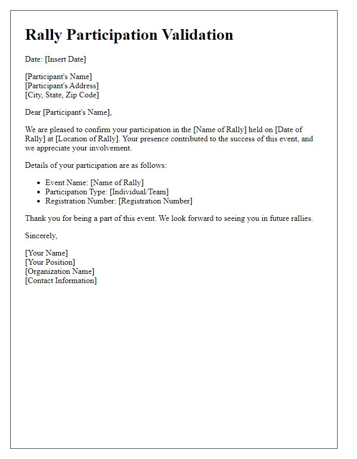 Letter template of rally participation validation.