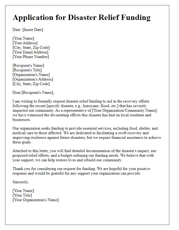 Letter template of application for disaster relief funding.