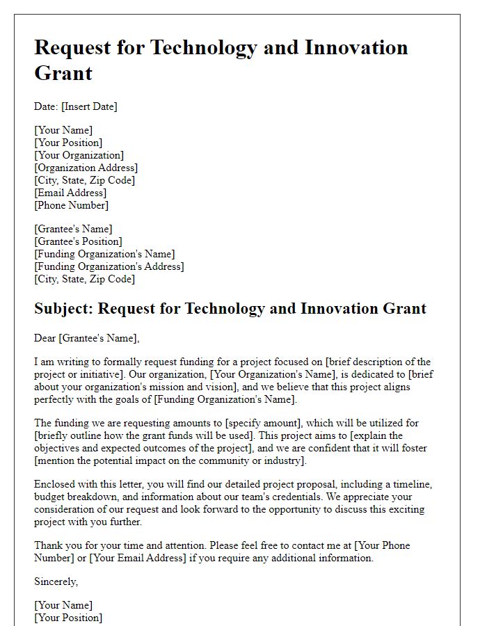 Letter template of request for technology and innovation grants.