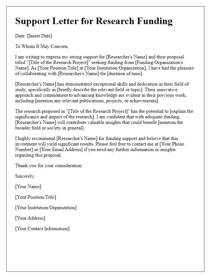 Letter template of support letter for research funding.