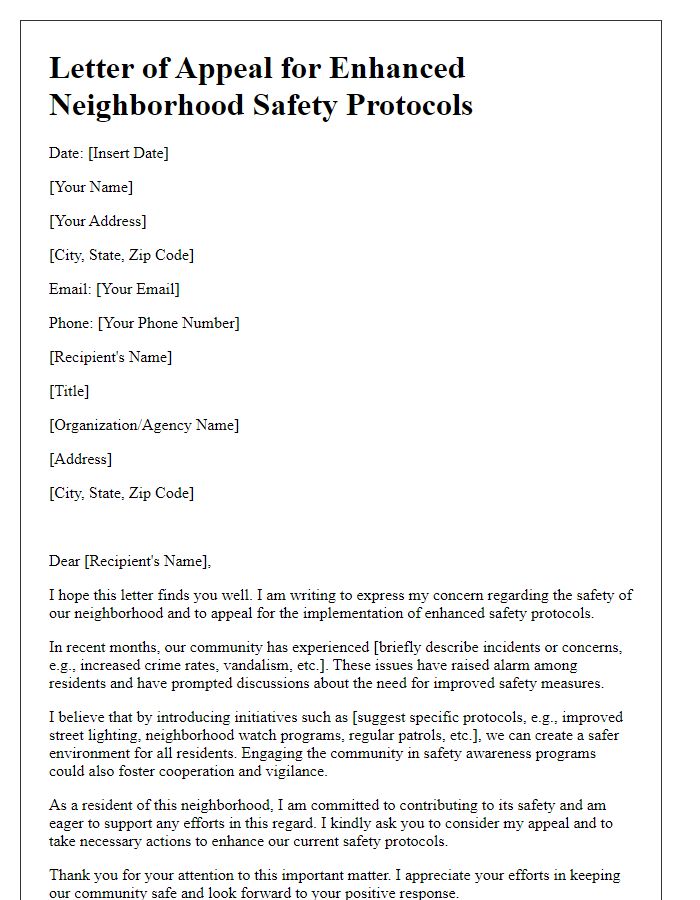 Letter template of appeal for enhanced neighborhood safety protocols.